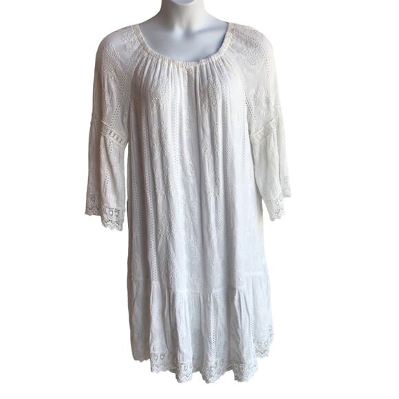 Karen Kane White Embroidered Pullover Dress with Bell Sleeves, Ruffle Skirt sz L